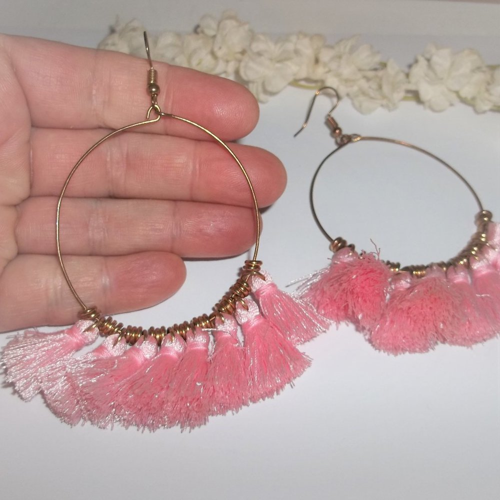 Pink Tassel Hoop Earrings, Earring, Hoops, Hoop Earrings, Pink Earrings Set A356